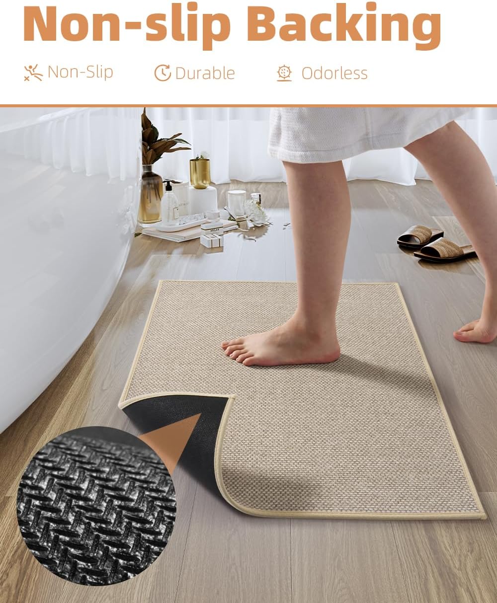 PADOOR Non-Slip Bath Mat With Rubber-Backing, Braided Absorbent Machine Washable Thin Rug for Bathroom Floor, Quick Dry, Fits Under Door, 17''x24'' Beige