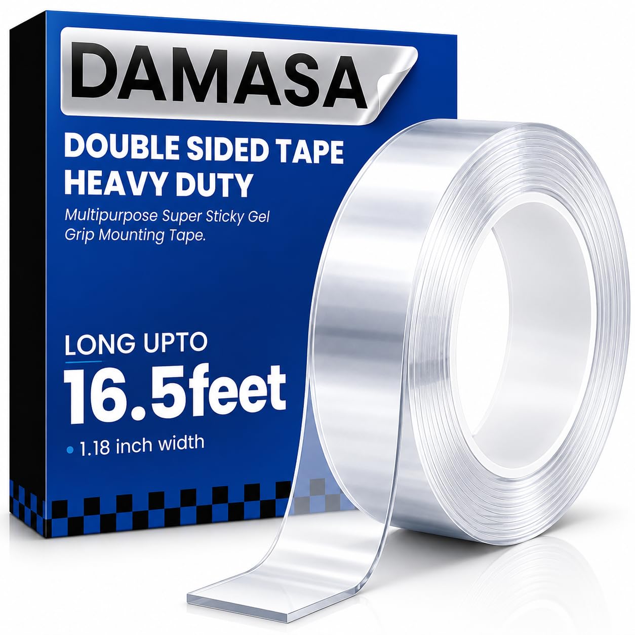 DAMASA Double Sided Tape Heavy Duty – 1.18" x 9.85 Ft Nano Gel Mounting Tape, Removable & Reusable, No Residue, for Walls, Glass, Tile, Picture Frames, Carpet & LED Strips (Crystal Clear)
