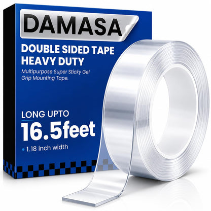 DAMASA Double Sided Tape Heavy Duty – 1.18" x 9.85 Ft Nano Gel Mounting Tape, Removable & Reusable, No Residue, for Walls, Glass, Tile, Picture Frames, Carpet & LED Strips (Crystal Clear)