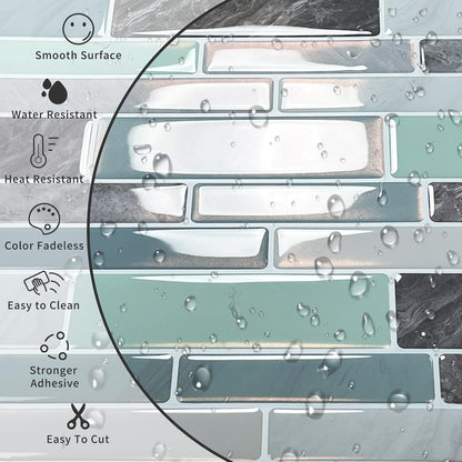 10-Sheet Peel and Stick Kitchen Backsplash Tiles | 3D Waterproof Self Adhesive Wall Tile Stick on Backsplash for Kitchen and Bathroom(Sage Green,12"×12")