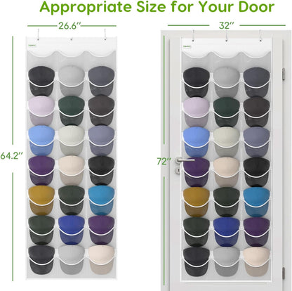 Baseball Hat Rack, 24 Pocket Over-The-Door Hat Organizer with Clear Deep Pockets to Display Baseball Caps Collection, Complete with 3 Over Door Hooks (Black, 24 Pockets)