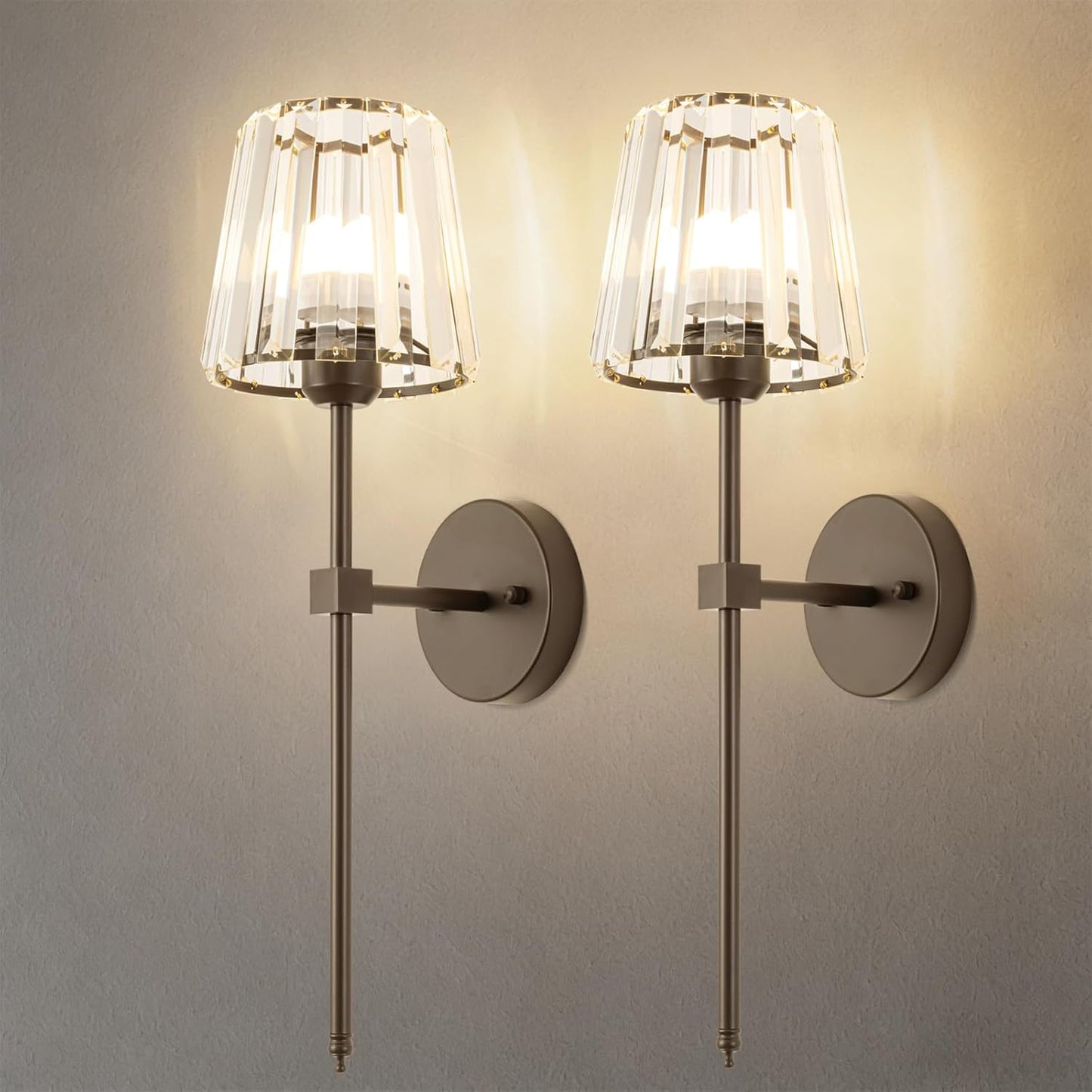 Crystal Battery Operated Wall Sconces Set of 2, Gold Rechargeable Wireless Wall Sconce Lights with Crystal Lampshade, 12 RGB and 3CCT Dimmable Wall Lamps with Remote for Bedroom Living Room Hallway