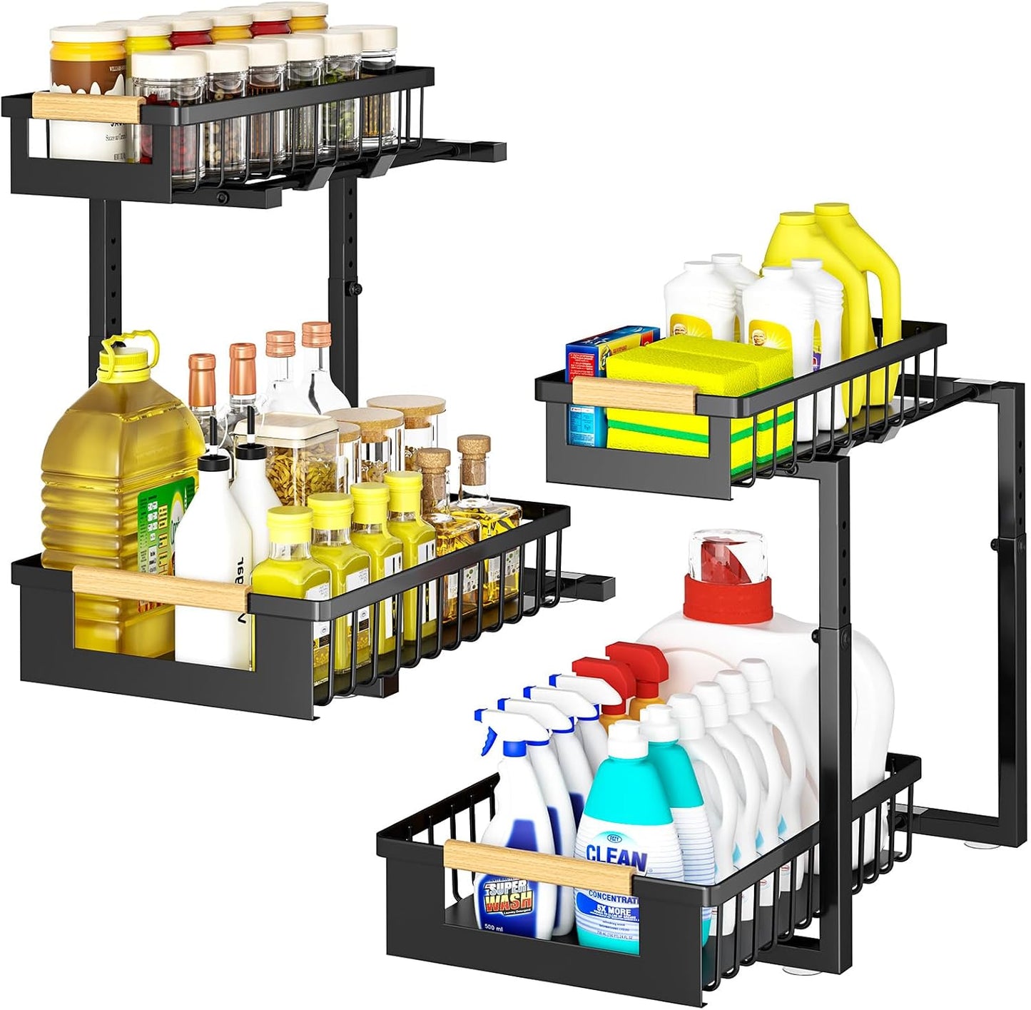 2 Pack Under Sink Organizer, 2 Tier Pull Out Cabinet Organizer with 5-Level Adjustable Height, Sliding Metal Storage Rack for Kitchen Bathroom Pantry, White