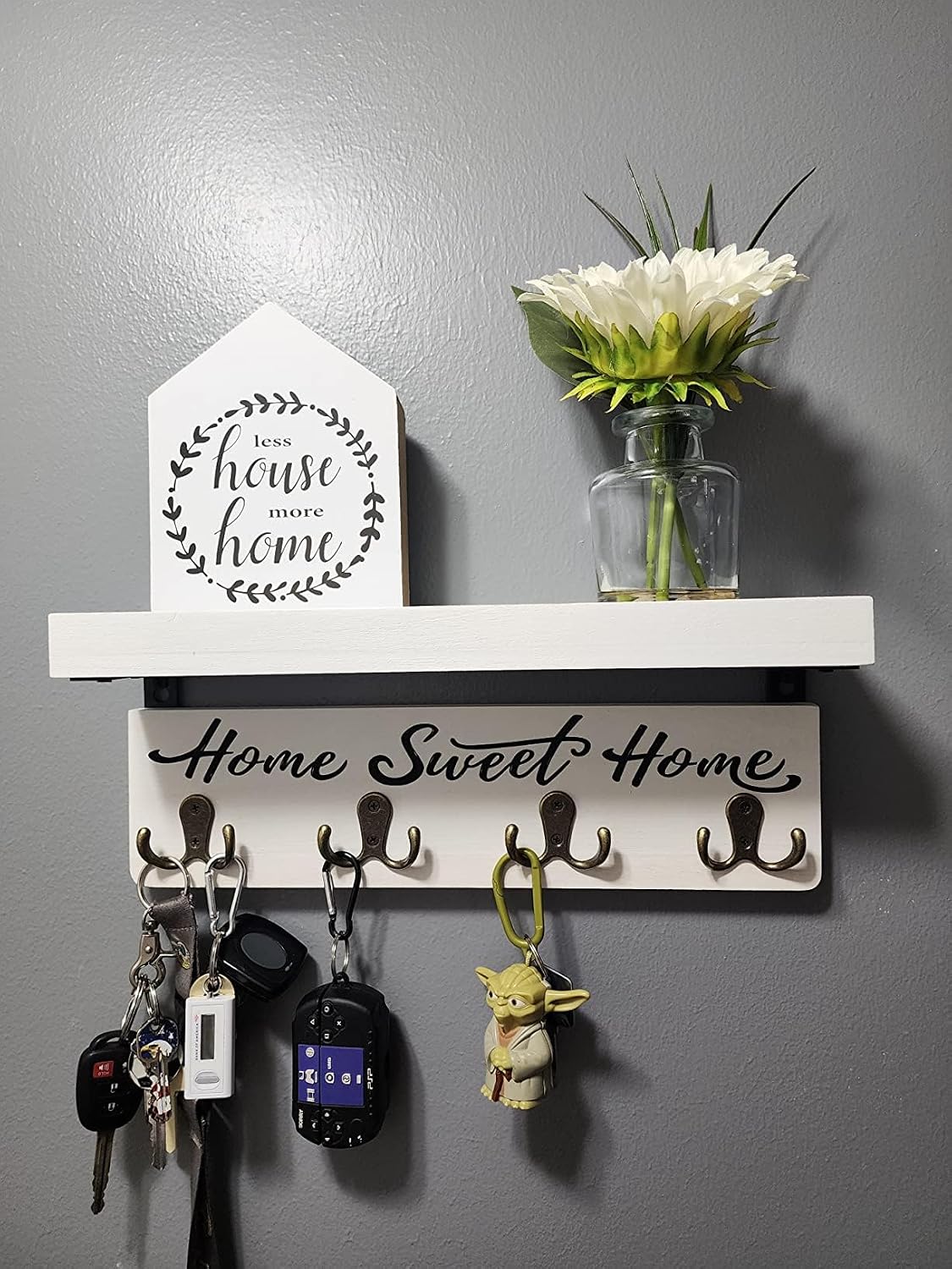 buways Key Holder Wall Mount with 4 Double Hooks-Solid Wood Wall-Mounted Organizer for Keys&Mail Rustic Key Rack Hanger Holder Home Decor for Entryway Living Room (Gray)