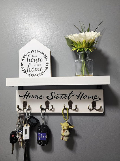 buways Key Holder Wall Mount with 4 Double Hooks-Solid Wood Wall-Mounted Organizer for Keys&Mail Rustic Key Rack Hanger Holder Home Decor for Entryway Living Room (Gray)