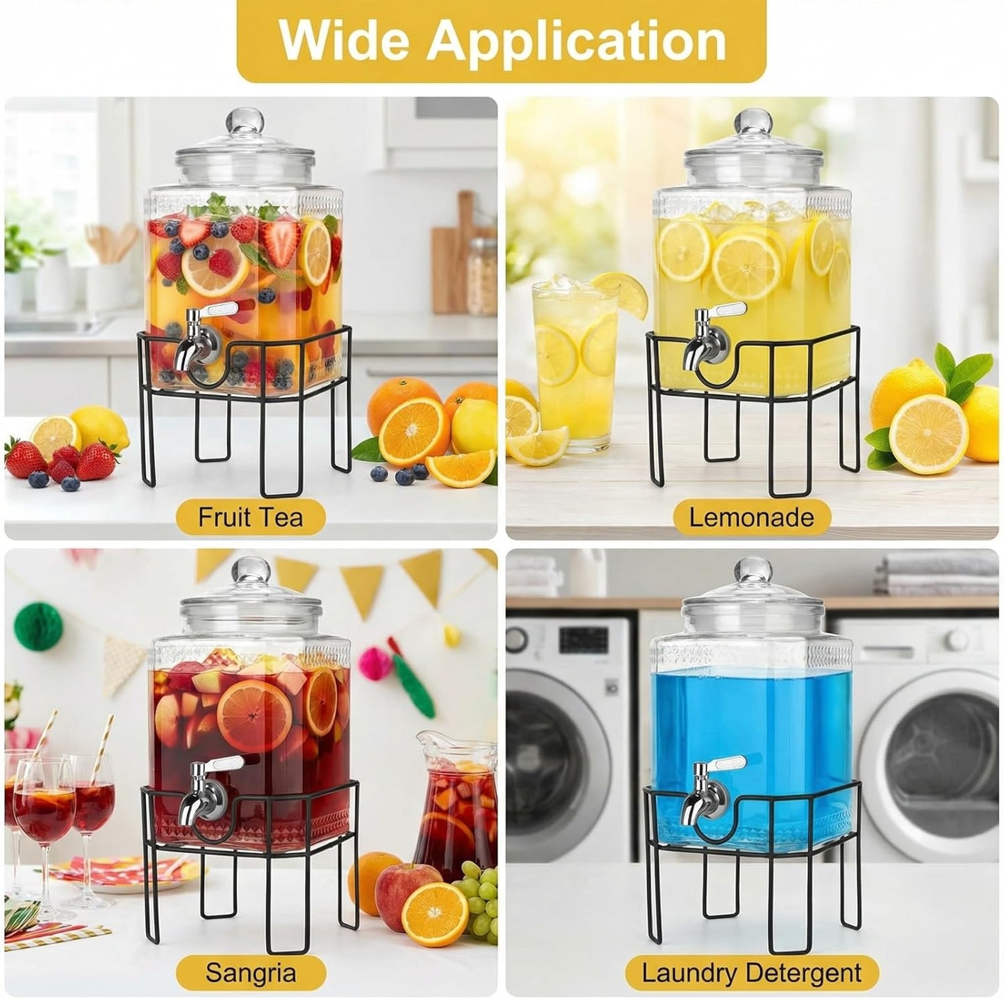 1.5 Gallon Glass Drink Dispenser, Drink Dispensers for Parties, Beverage Dispenser with Stand and Glass Lid, 100% Leakproof Spigot, Ideal for Lemonade, Juice, Iced Tea, Laundry Detergent