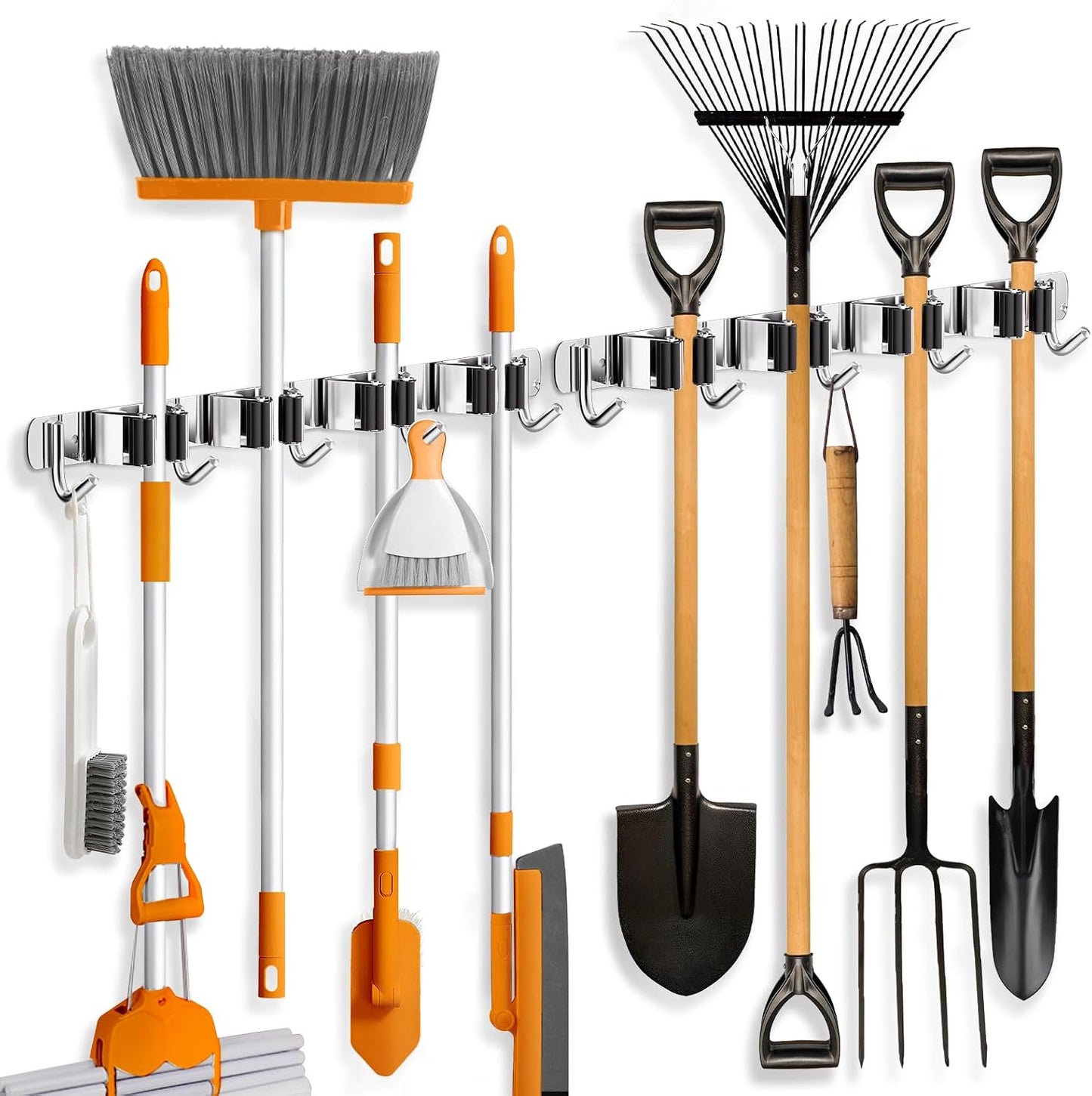 ZONGOOL 2 Pack Broom Holder Wall Mount, 4 Racks and 5 Hooks Mop Hanger Wall Mount Broom Organizer Stainless Steel Heavy Duty Garage Tool Racks for Home Kitchen Garden Laundry (Black)