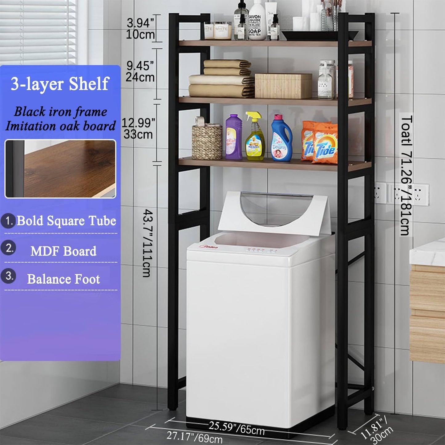 Laundry Room Storage Organizer, Over The Washer and Dryer Storage Shelves for Washer Dryer Countertop, 27.17"W x 11.81"D x 71.26"H, Suit Washing Machine Width Within 25.59", Hold 50lbs 【Ship from US】