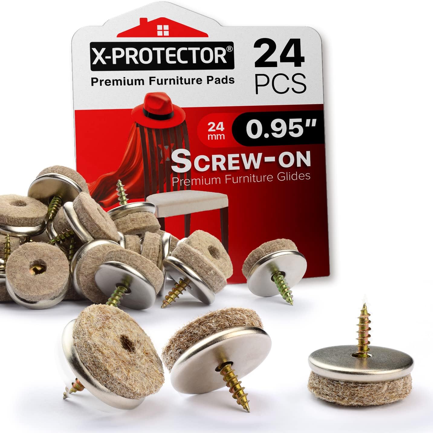 Screw-On Felt Pads X-Protector – 24 Felt Chair Pads for Hardwood Floors 1.1" – Premium Chair Glides – Beige Floor Protectors for Furniture Legs – The Best Furniture Sliders for Hardwood Floors