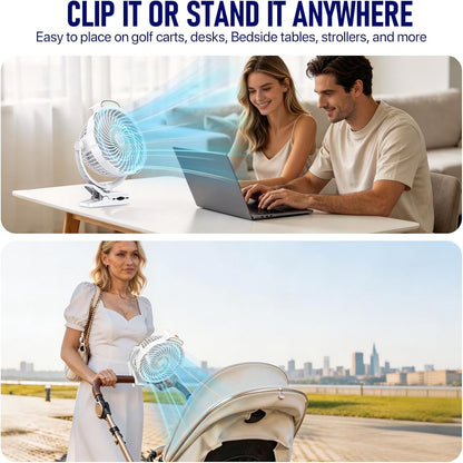 8-Inch Rechargeable Clip on Fan, 10000mAh Portable Camping Fan with LED Light, 9-Speed Ultra Quiet Airflow, 30H Runtime, 360° Rotating Desk Fan for Golf Cart, Bedroom, Office, Dorm, Black