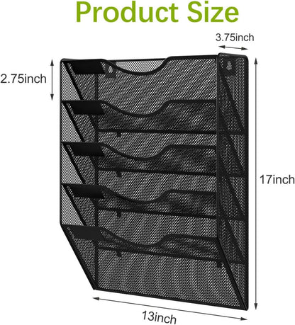 EasyPAG 5 Pocket Mesh Wall File Organizer with Key Hooks, Hanging Paper Folder Holder with Classify Label, Vertical Wall Mount Mail Organizer for Office Home Classroom, Black