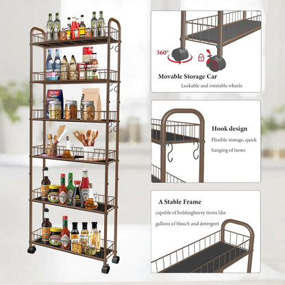 10in 6-Tier Slim Storage Cart with Wheels, Metal 10in Wide Black Narrow Rolling Shelf, Sturdy Slim Storage with Hooks Ideal for Kitchen, Bathroom, and Laundry Room