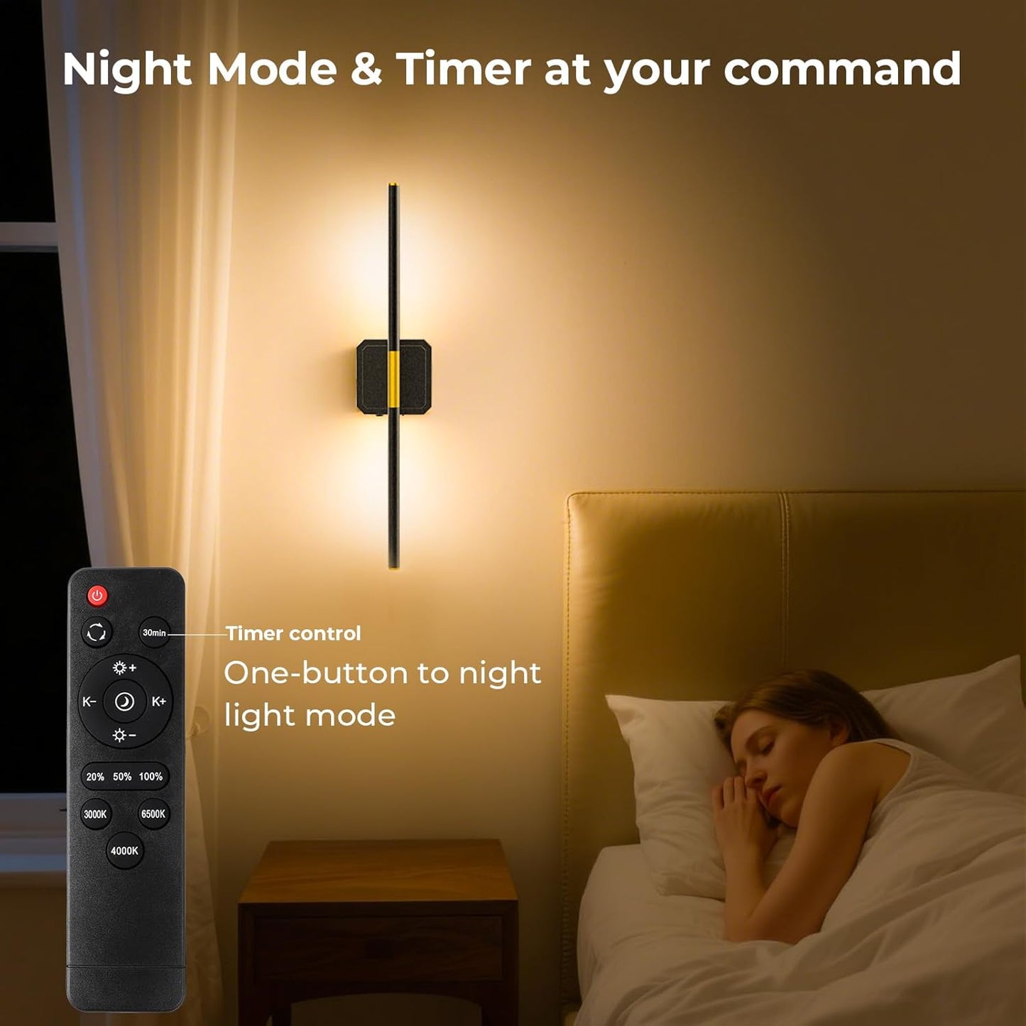 GvvooHome Battery Operated Wall Sconces Set of 2, Detachable 360°Rotate Wall Lamps, 3000-6500K Dimmable with Remote Control, 10000mAh Rechargeable Wall Light for Bedroom, Living Room, 28.3" Black Gold