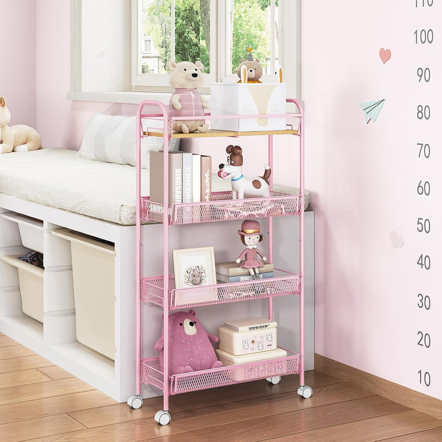 TOOLF 4-Tier Slim Rolling Cart, Metal Utility Cart, Slide Out Storage Cart with Wooden Tabletop and Mesh Baskets for Narrow Space on Kitchen Bathroom Laundry Room Bedroom Apartments Dormitory