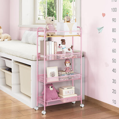 TOOLF 4-Tier Slim Rolling Cart, Metal Utility Cart, Slide Out Storage Cart with Wooden Tabletop and Mesh Baskets for Narrow Space on Kitchen Bathroom Laundry Room Bedroom Apartments Dormitory