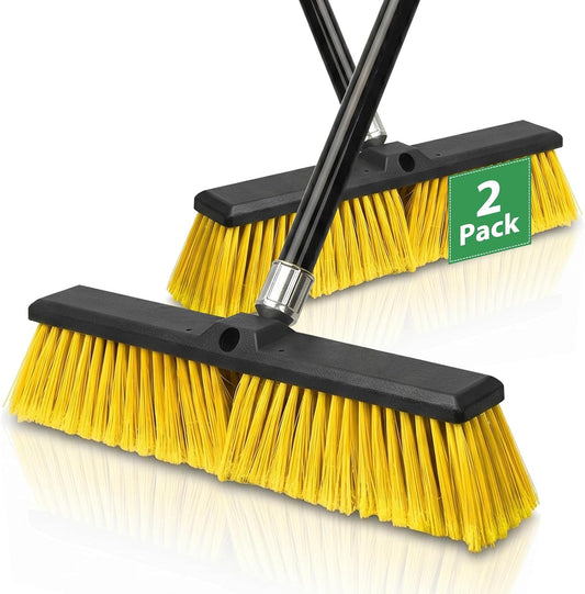 2 Pack 18" Push Broom Outdoor, Heavy Duty Broom with 62" Long Handle, Stiff Bristle Garage Broom for Patio Deck Driveway Concrete Floor Shop Warehouse Cleaning