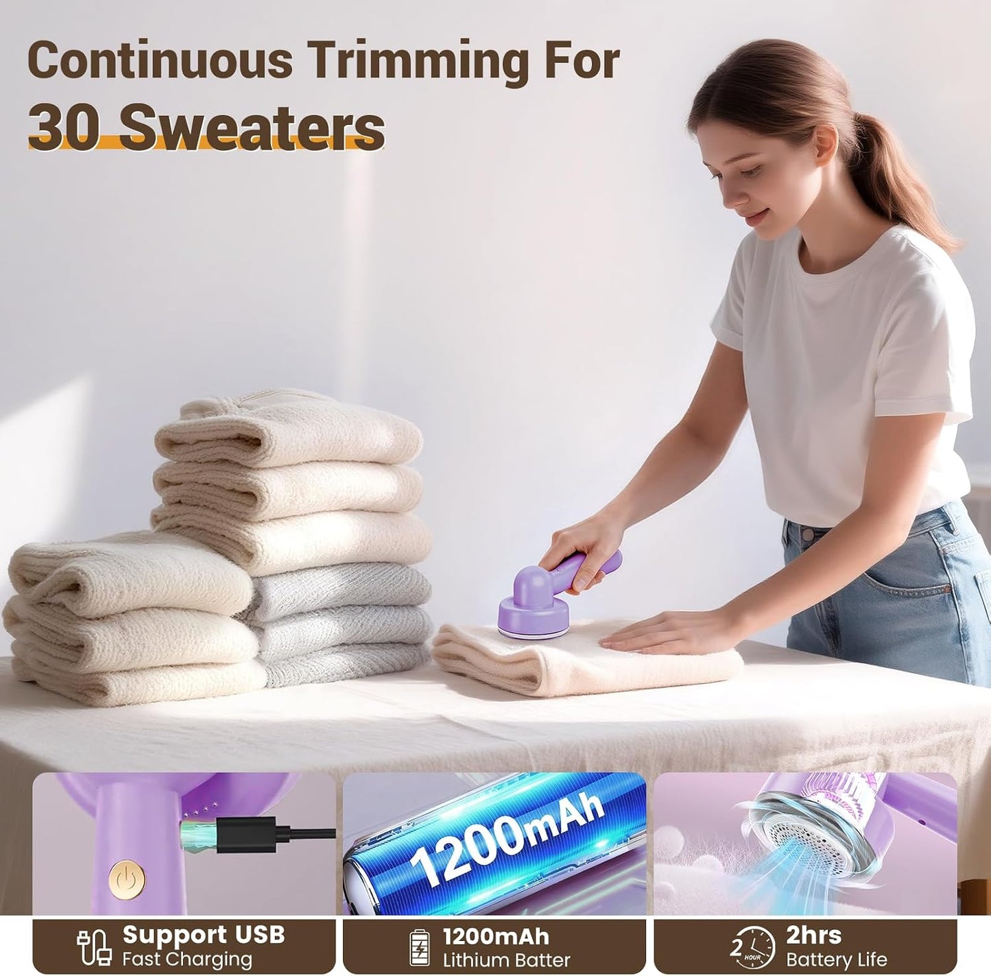 DBC Fabric Shaver & Lint Remover for Clothes, Sweaters & Furniture - 6-Leaf Blade, 3 Speeds, 2H Runtime, Portable Design Perfect for Travel, Includes 2 Extra Blades