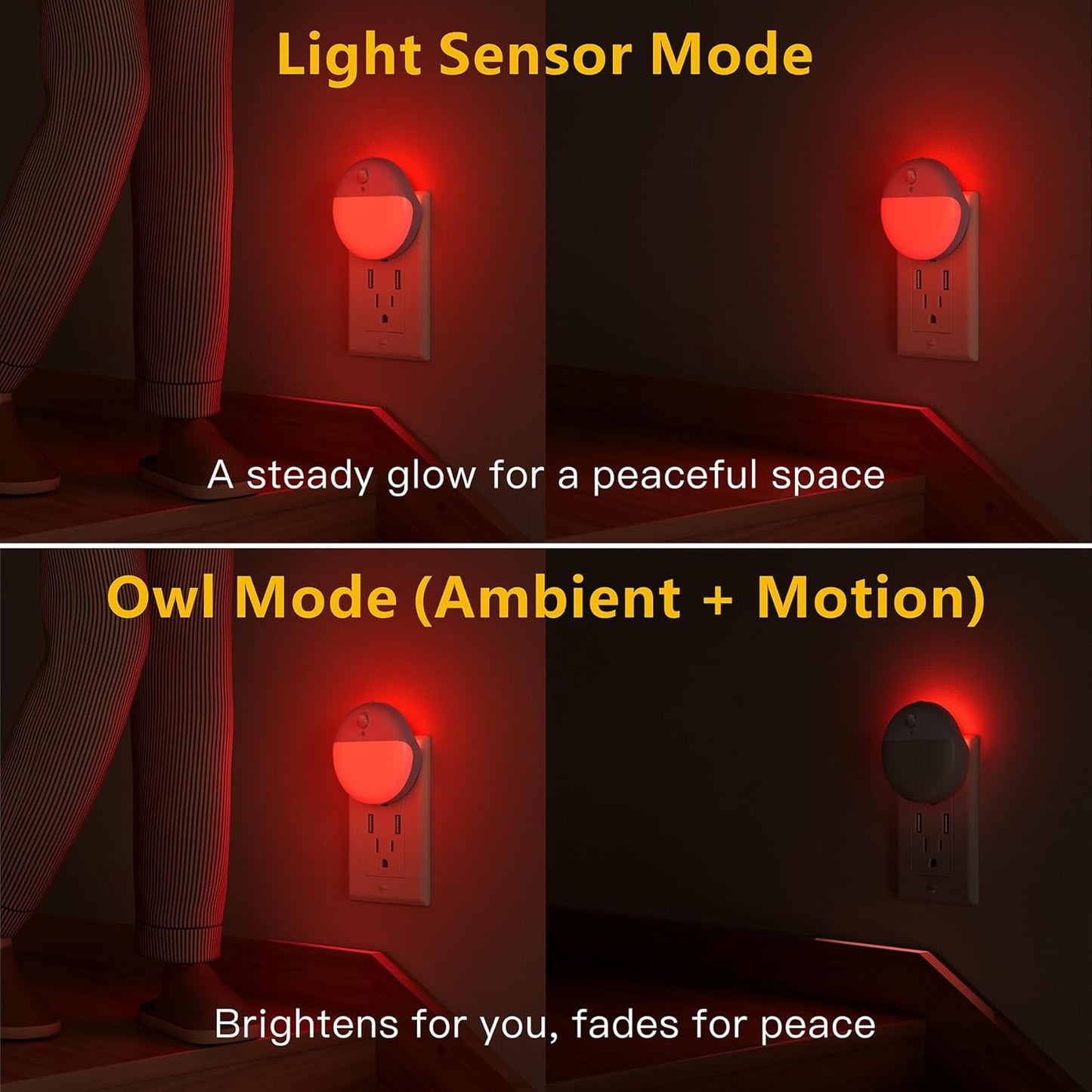 YUNLEX 2 Pack Plug in Night Light with Motion Sensor and Dusk to Dawn Sensor, Stepless Dimming, Warm White LED Nightlight with 3 Lighting Ways for Bathroom, Bedroom, Kitchen, for Kids, Adults