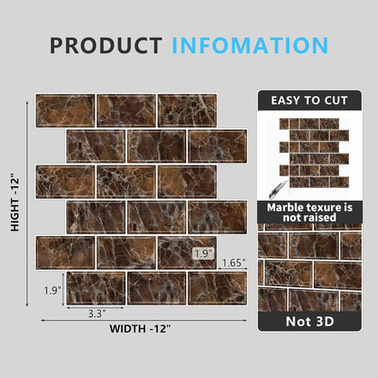 URCOLOR 10-Sheet Stick on Backsplash for Kitchen,12"x12" Peel and Stick Self Adhesive Wall Tiles Back Splashes for Bathroom Brown Marble Look