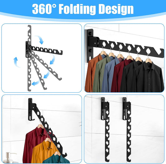 3 Pack Black Wall Mount Coat Hanger Holder, Retractable Folding Clothes Hanging Rack Aluminum Coat Hanger Wall Mount Clothes Drying Rack Space Saver for Laundry Room Bedroom Indoor