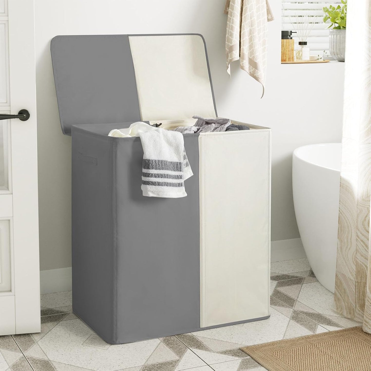 WOWLIVE Double Laundry Baseket with Lid and Removable Laundry Bags,154L Large Laundry Hamper 2 Section Collapsible Dirty Clothes Hamper for Laundry Room,College Dorm,Bathroom,Black and Beige