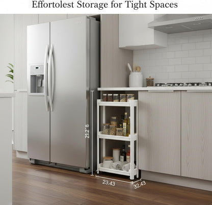 Slim Rolling Storage Cart, White | Plastic Utility Organizer, With Wheels, For Narrow Gaps, Kitchen and Bathroom