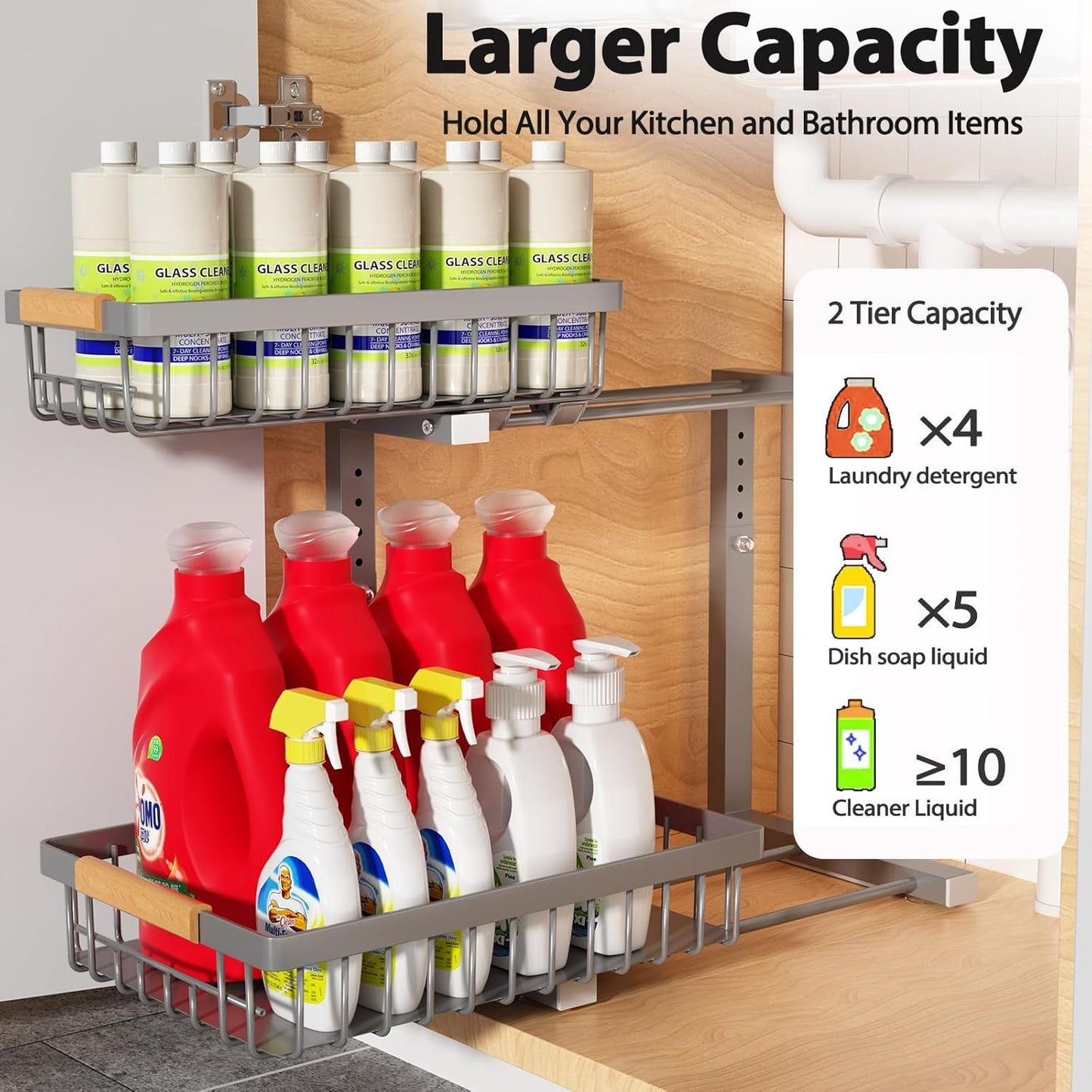 Liuoud Under Sink Organizer 2 Pack, 2 Tier Slide Out Large Capacity Height Adjustable Under Sink Organizers and Storage for Kitchen Bathroom Cabinet, White