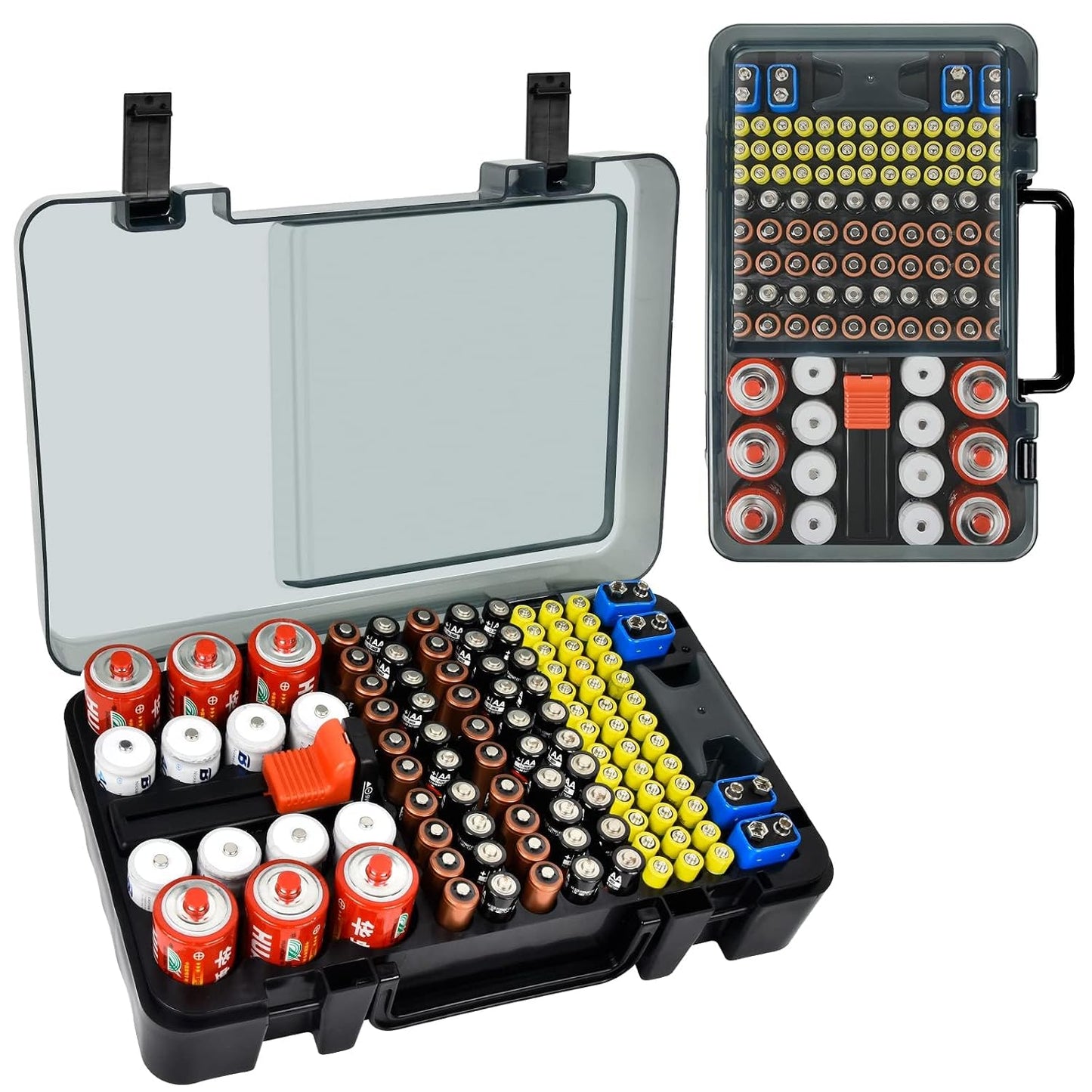 Xuerdon Battery Organizer Storage Case with Tester, 120+ Slots for Home | Hard Plastic for AA AAA C D 9V and Coin Cells, Wall-Mount/Drawer, Home Battery Managemt, Purple, Batteries Not Included