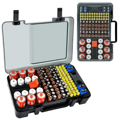 Xuerdon Battery Organizer Storage Case with Tester, 120+ Slots for Home | Hard Plastic for AA AAA C D 9V and Coin Cells, Wall-Mount/Drawer, Home Battery Managemt, Purple, Batteries Not Included