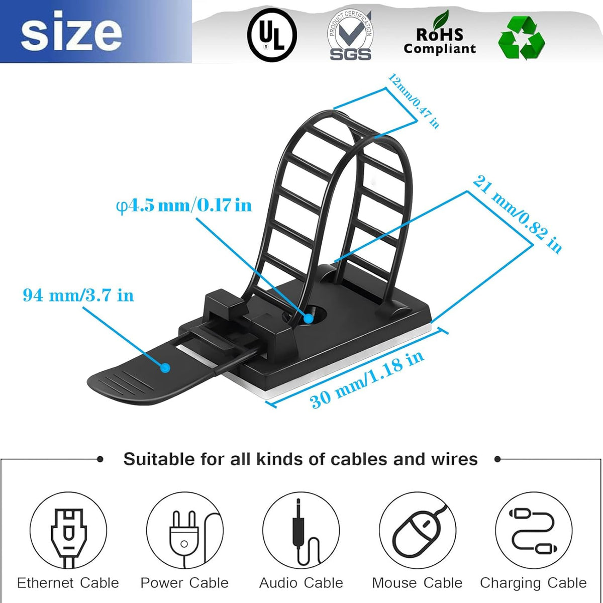 Adjustable adhesive cable management clips 50Pcs, large self adhesive cable ties clips ，Suitable for cable management under desks and on walls(Black)