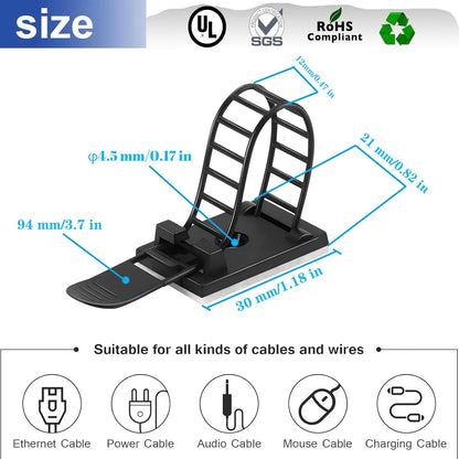 Adjustable adhesive cable management clips 50Pcs, large self adhesive cable ties clips ，Suitable for cable management under desks and on walls(Black)