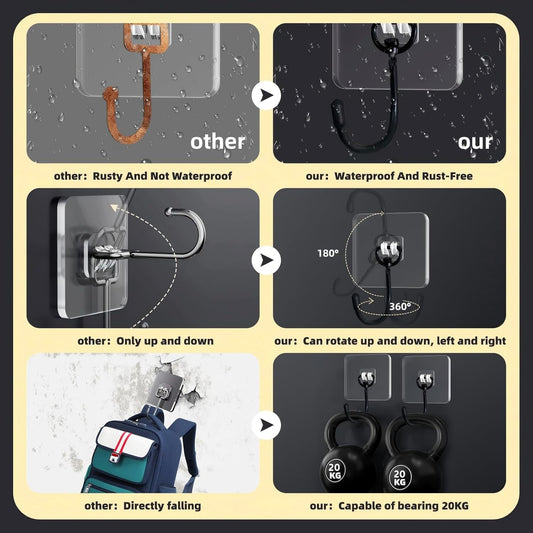 DTmasao 10 Packs Large Hooks for Heavy-Duty Hanging 44Ib(Max) Wall Hangers - No Nails, Self-Adhesive Traceless, Waterproof Rustproof, Bathroom Kitchen Home Use