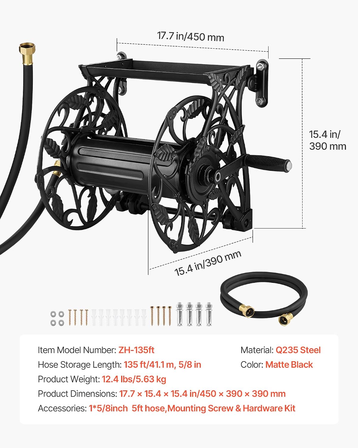 VEVOR Wall Mounted Garden Hose Reel, Holds 125 ft 5/8-inch Hose, Heavy-Duty Water Hose Winder, Space-Saving Design, Outdoor Manual Reel with Brass Fitting and Storage Basket for Yard Lawn
