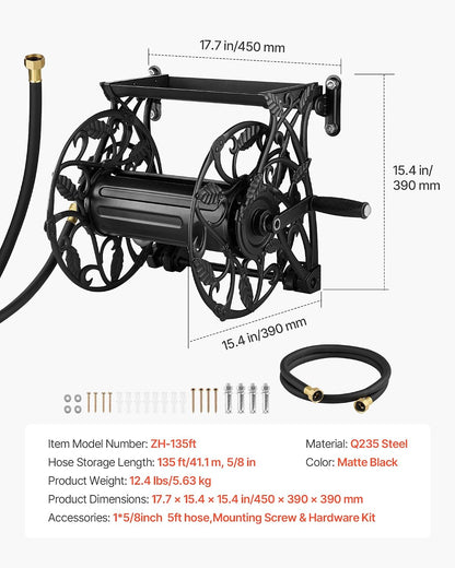 VEVOR Wall Mounted Garden Hose Reel, Holds 125 ft 5/8-inch Hose, Heavy-Duty Water Hose Winder, Space-Saving Design, Outdoor Manual Reel with Brass Fitting and Storage Basket for Yard Lawn