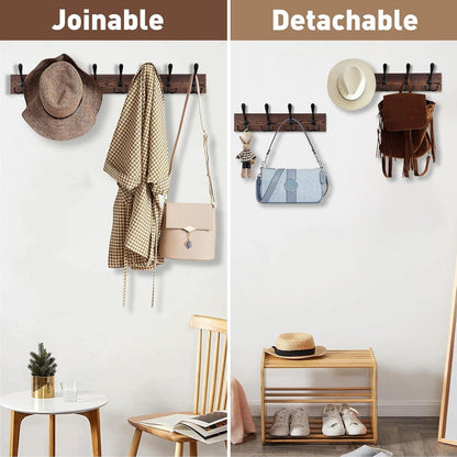 Kuhome 2pcs Coat Rack Wall Mount Wooden Hat Rack for Wall Hooks Pine Real Wood Plank 16.9" Brown Coat Hanger with 5 Triple Hooks for Hanging Coat Hat Jacket