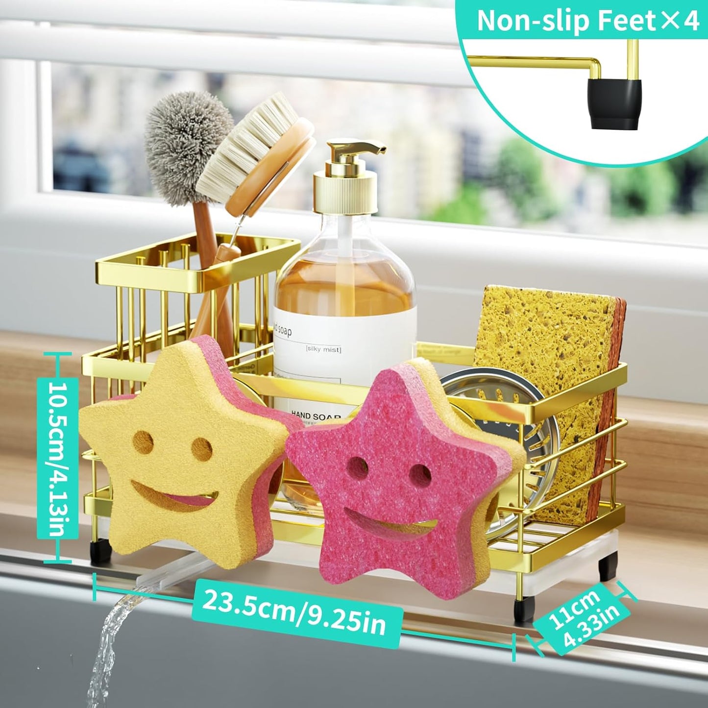 HapiRm Sponge Holder for Kitchen Sink - Self-draining Sink Caddy with Brush and Dishcloth Holders, Stainless Steel Kitchen Countertop Organizers and Storage Essentials - Black
