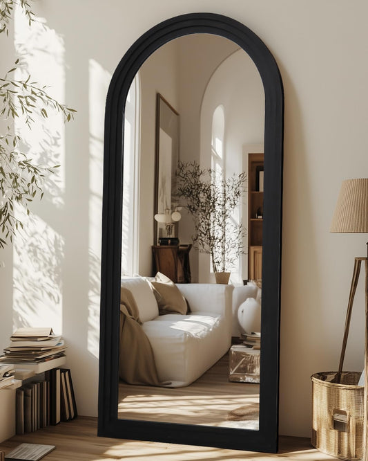 Full Length Mirror, 71"x32" Wooden Mirror Full Length with Stand Wood Floor Mirror, Oversized Stand Up Mirrors Large Wall Mirrors, Wall Mounted Mirrors, Arched Wood Style, Brown