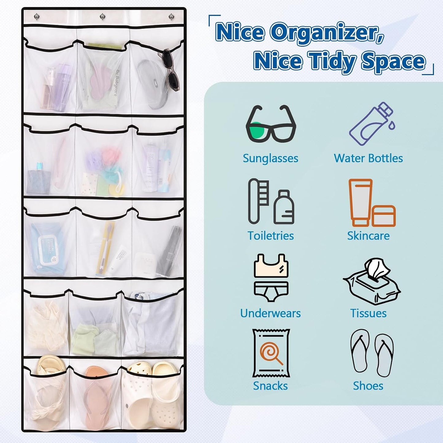 Over The Door Cruise Ship Organizer - Cruise Ship Magnetic Door Organizer with 15 Size-Graded Pockets, Hanging Magnetic Cruise Storage Shoe Rack for Cabin, 2026 Cruise Essential, 9 Hooks(White)