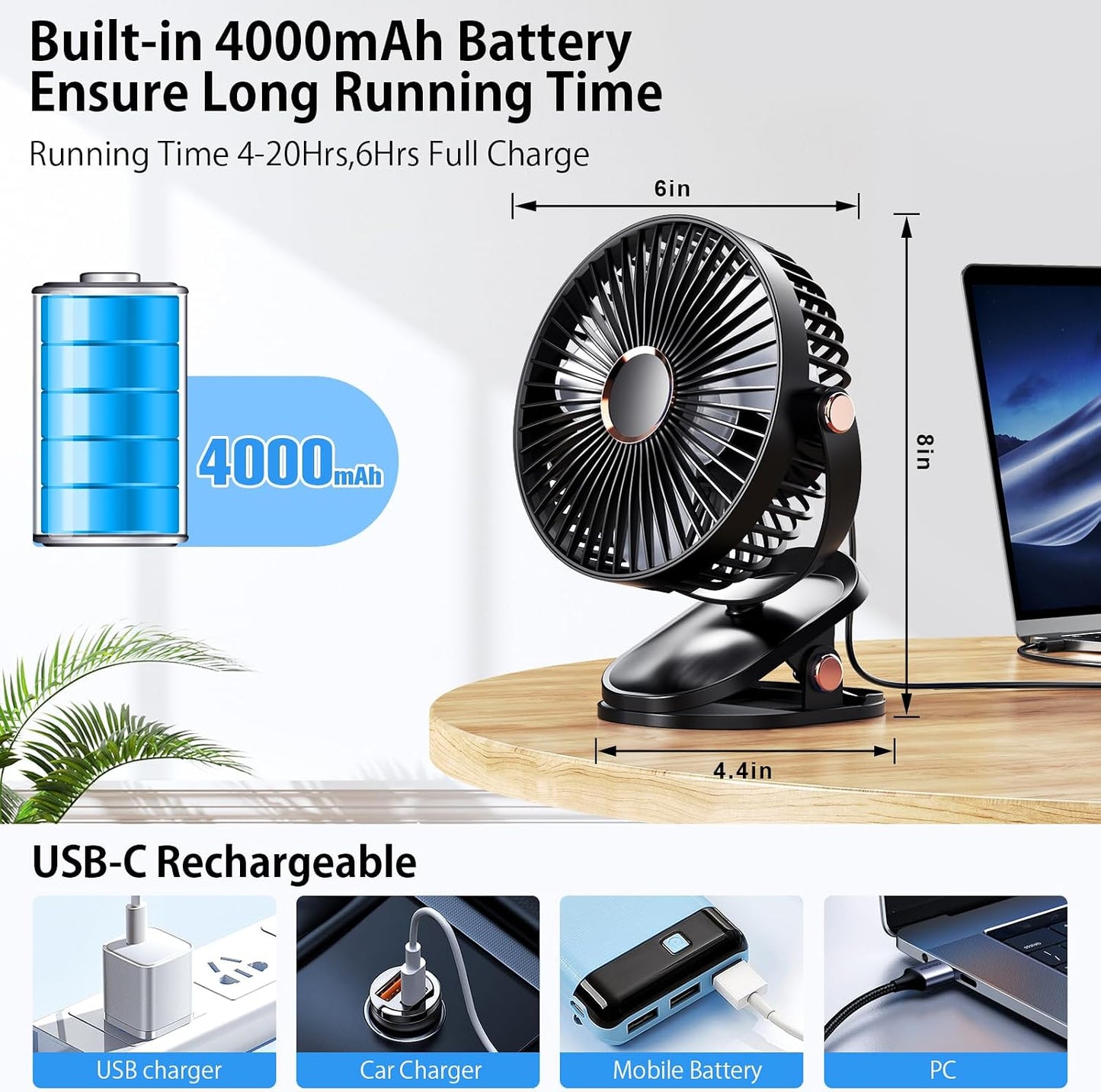 iNeibo 4000mAh Portable Clip on Fan with LED Lights, Battery Operated USB Desk Fan,4 Speed Quiet Rechargeable Mini Table Fan, 360° Rotate Personal Cooling Fan for Home Office Stroller Camping (Black)