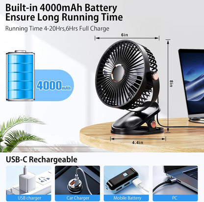 iNeibo 4000mAh Portable Clip on Fan with LED Lights, Battery Operated USB Desk Fan,4 Speed Quiet Rechargeable Mini Table Fan, 360° Rotate Personal Cooling Fan for Home Office Stroller Camping (Black)