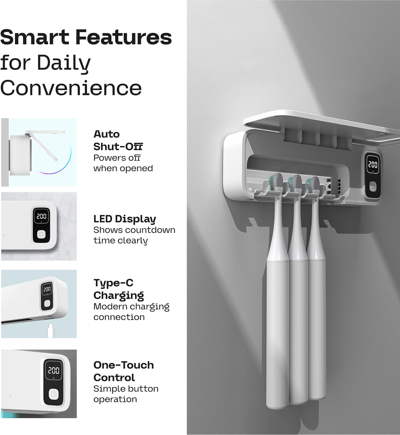 UV Toothbrush Sanitizer Holder Wall Mounted - Electric Tooth Brush Cleaner Holders Sanitizing Cleaning Air Drying with UV-C Light LED Screen Smart Cover - Mount Organizer for Bathroom Mirror