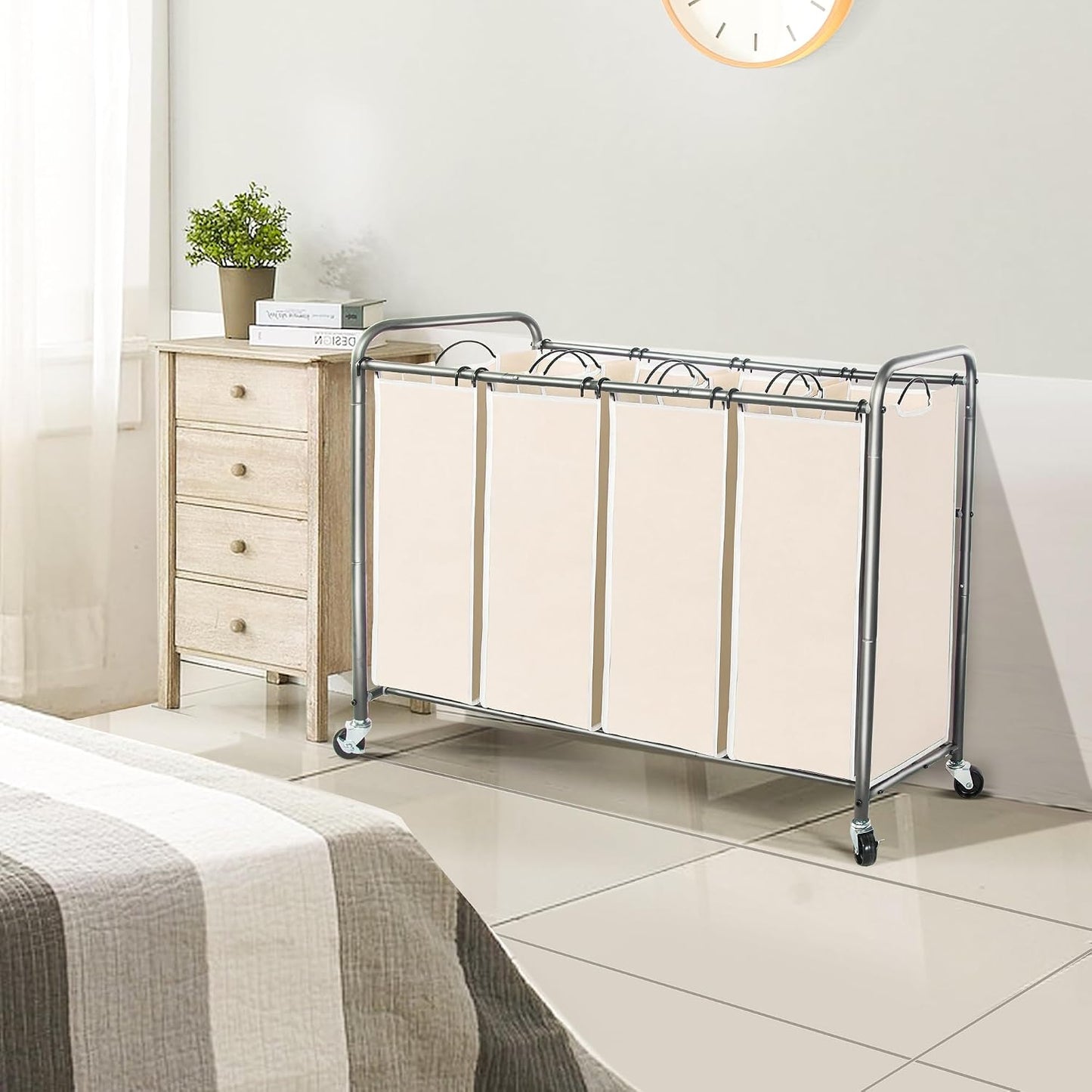 STO STO Laundry Sorter 3 Section, 3 Bag Clothes Hamper, Rolling Laundry Cart Basket with Heavy Duty Lockable Wheels and Removable Bag for Laundry Room, Bedroom, Closet, Gray