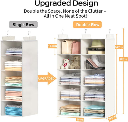 ALLTIDYUP Grey 5-Tier Hanging Closet Storage Organizer - Space-Saving Dual-Row Foldable Shelves with 3 Hooks, Wardrobe Organizer for Dorm, Bedroom, Clothes and Accessories