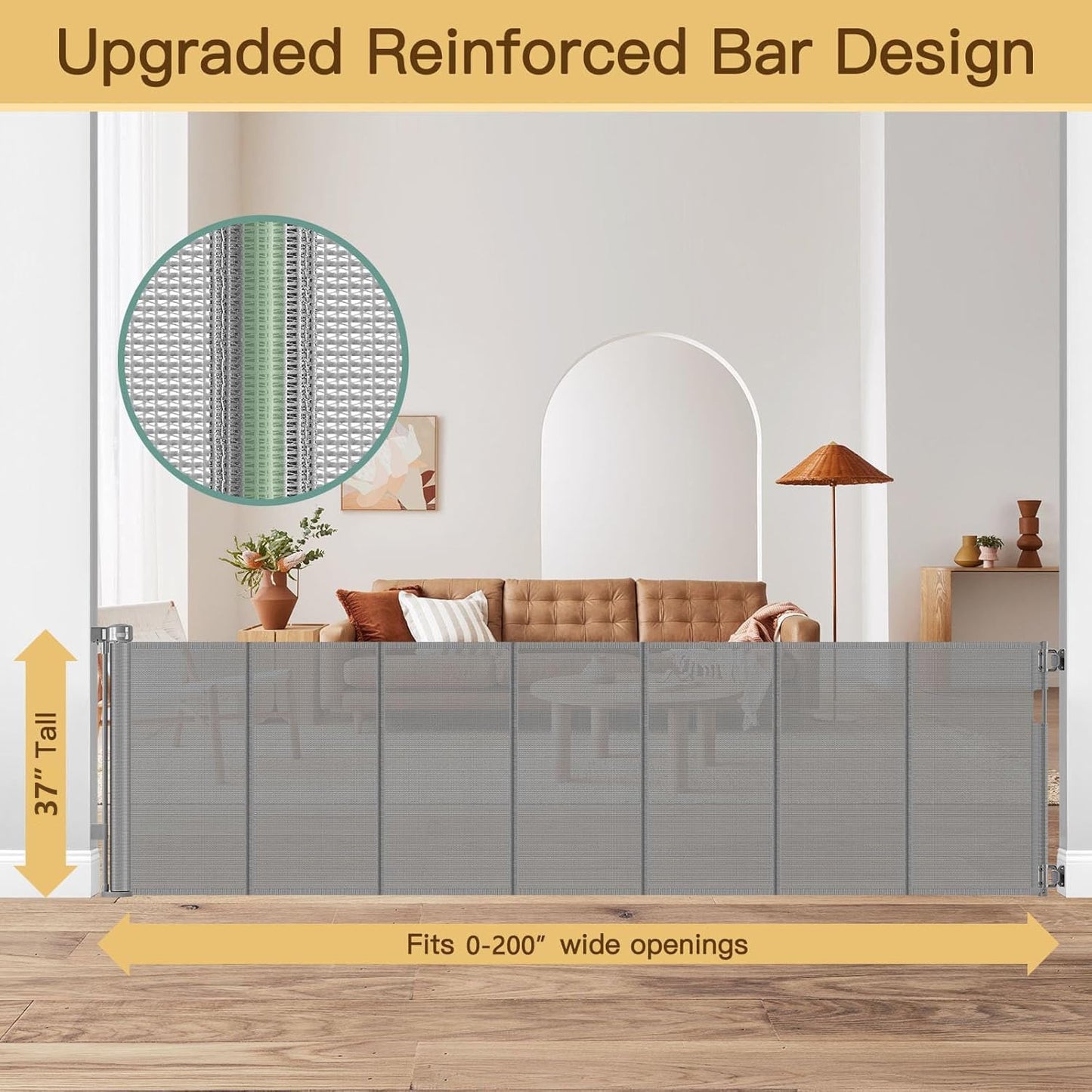 Reinforced 55" Wide Retractable Baby Gates with Reinforced Strips, Indoor/Outdoor Retractable Dog Gate for Doorway Prevent Bottom Drilling Through, No Bottom Bar Safety Mesh Baby Gate for Stair, Black