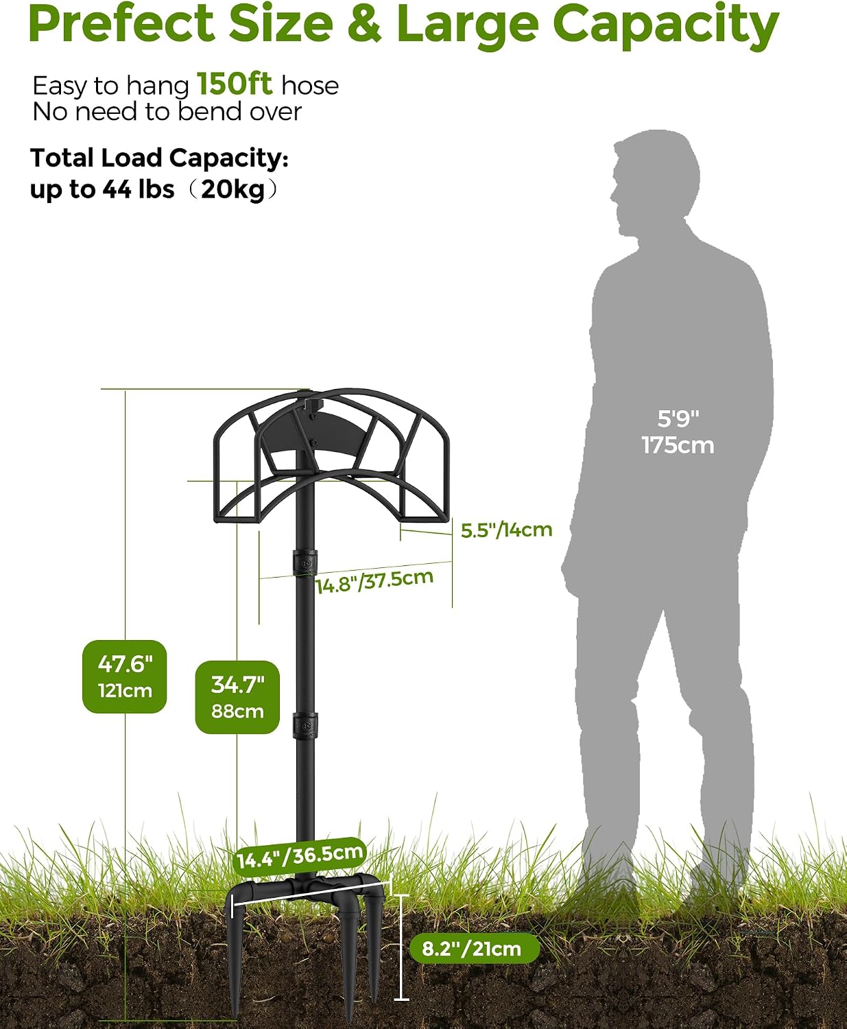 LAND·VOI Freestanding Garden Water Hose Storage Holder Stand for Outside, 160-Ft Hose Heavy Duty Metal Hanger Reel Organizer Outdoor Yard Lawn, Standing Keeper Rack with Ground Stake, Black GHH01BK01