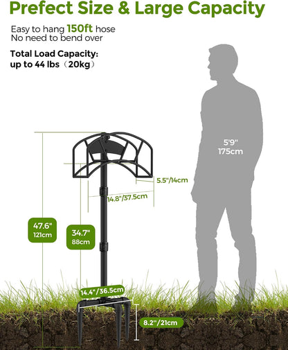 LAND·VOI Freestanding Garden Water Hose Storage Holder Stand for Outside, 160-Ft Hose Heavy Duty Metal Hanger Reel Organizer Outdoor Yard Lawn, Standing Keeper Rack with Ground Stake, Black GHH01BK01