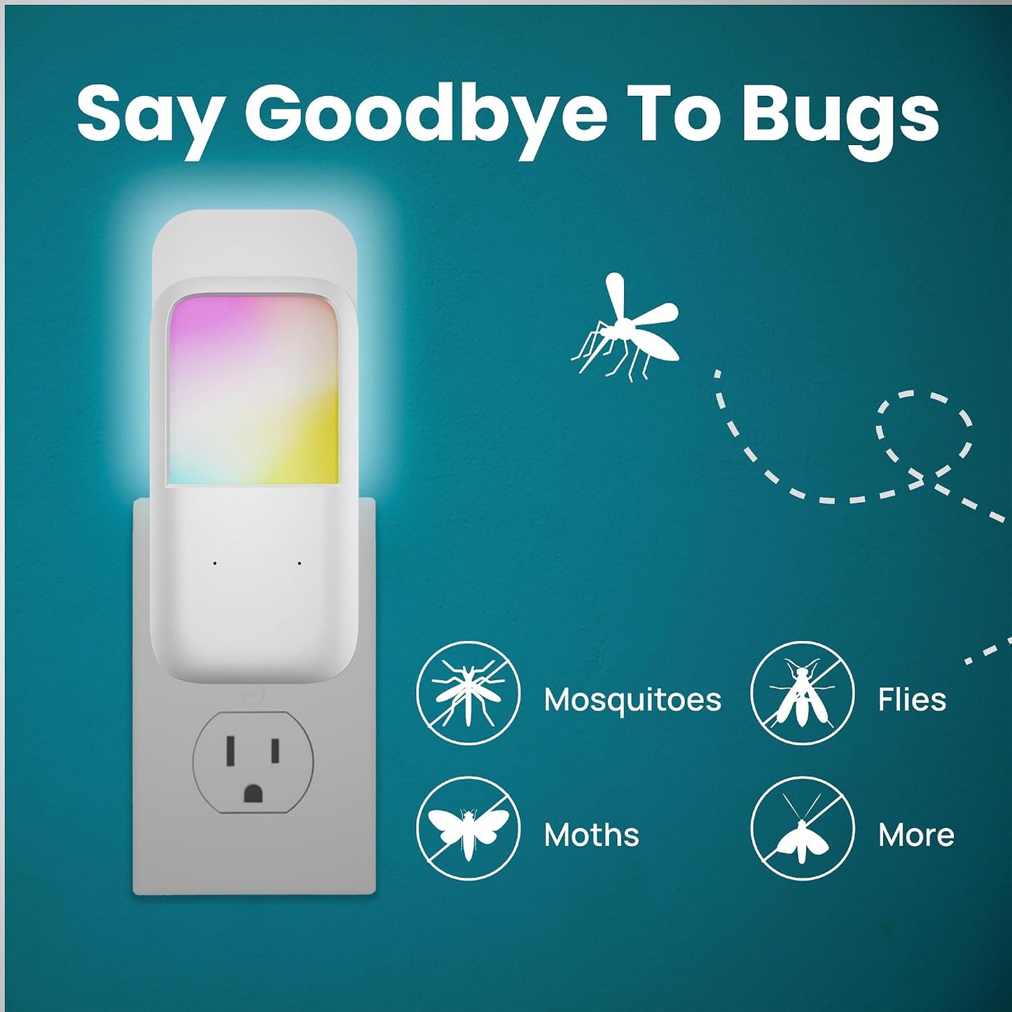 Plug-in Fly Trap & Nightlight - Indoor Insect Catcher for Mosquitoes, Gnats, Fruit Flies with RGB Night Lamp for Home, Kitchen, Office (White, 1 Bug Light Device with 5 Sticky Pads)