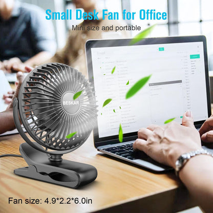 BESKAR Clip on Fan, Portable Small Desk Fans with Strong Airflow, 3 Speeds with Personal Fans Sturdy Clamp, Quiet Desk Fan & Clip Fan with USB Cord Powered - No Battery