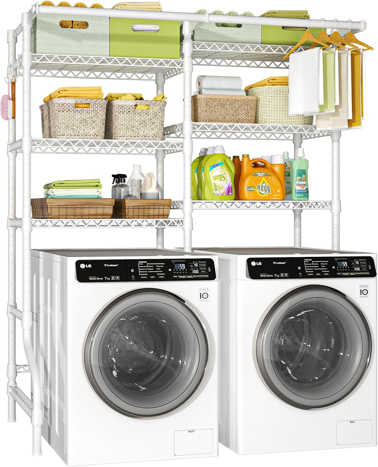 Ulif U13 Medium Over Washer and Dryer Storage Shelves, 6 Tiers Laundry Room Standing Shelf with 2 Hanger Rods, Space Saver Clothes Drying Rack, 57.8" W x 22" D x 77.4" H, Black