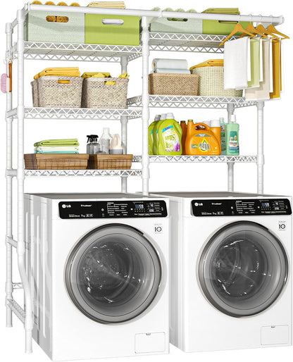 Ulif U13 Medium Over Washer and Dryer Storage Shelves, 6 Tiers Laundry Room Standing Shelf with 2 Hanger Rods, Space Saver Clothes Drying Rack, 57.8" W x 22" D x 77.4" H, Black